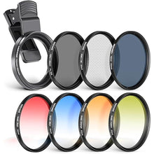 Load image into Gallery viewer, NEEWER 55mm ND/CPL/Effect Filter Set with Mobile Phone Camera Lens Clamp Clip, Polarizing ND32 6 Point Star 4 Graduated Colour Filters Kit Compatible with iPhone 16 15 14 Pro Max Plus 13 12 Samsung