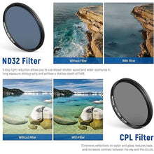 Load image into Gallery viewer, NEEWER 55mm ND/CPL/Effect Filter Set with Mobile Phone Camera Lens Clamp Clip, Polarizing ND32 6 Point Star 4 Graduated Colour Filters Kit Compatible with iPhone 16 15 14 Pro Max Plus 13 12 Samsung