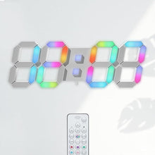 Load image into Gallery viewer, KOSUMOSU LED Wall Clock 15" RGB Digital LED Clock for Living Room Decor, Large Display Gaming Room Clocks, Dimming/12/24 Hr Time/Date/Temp/Remote (White Clock with Neon Light)