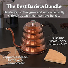 Load image into Gallery viewer, Vianté Gooseneck Stovetop Pour Over Coffee Kettle with Thermometer for Drip Coffee and Tea. Premium Copper Stainless Steel. 40 fl oz. All Coocktops.
