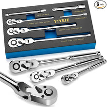 Load image into Gallery viewer, 6-Piece Flex Head Ratchet Set, 1/4", 3/8", 1/2" Drive, Swivel Head Ratchet Wrench with Extension Bar, 72 Tooth, 180° Adjustable, Quick-Release, Flexible Ratchet Handle with EVA Foam