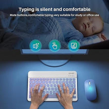 Load image into Gallery viewer, Bluetooth Keyboard and Mouse Combo for iPad - Rechargeable Wireless Keyboard & Mouse with 7-Color Backlit Compatible with iPad 9th/8th Gen, iPad Pro/Air/Mini, iPhone14/13/12 Pro, (10 inch Purple)