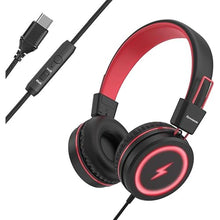 Load image into Gallery viewer, Kids Headphones with LED Lights for School, Upgrade USB Type C Kid Headphone with Microphone, Volume Limiter 85/94dB, Wired On Ear Headphones for Boys/Girls/Tablet/Travel -Black