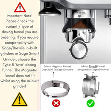 Load image into Gallery viewer, 54mm Dosing Funnel Espresso Puck Screen Set KNODOS Grinder Trigger Portafilter Funnel and Filter Compatible with Breville 54mm Portafilters