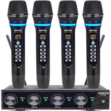 Load image into Gallery viewer, 4 Channel Rechargeable Wireless Microphone System, Pro UHF Metal Handheld Wireless Microphones Cordless Mics with Echo Treble BASS VOL Channel Control for Karaoke Singing Church(GT-200)