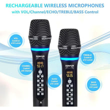 Load image into Gallery viewer, 4 Channel Rechargeable Wireless Microphone System, Pro UHF Metal Handheld Wireless Microphones Cordless Mics with Echo Treble BASS VOL Channel Control for Karaoke Singing Church(GT-200)