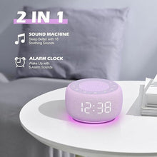 Load image into Gallery viewer, Buffbee Sound Machine & Alarm Clock 2-in-1, 0-100% Clock Face Brightness, Bottom Colored Light, Sleep Timer, Precise 30-Level Volume White Noise Machine, Digital Alarm Clocks for Bedrooms - Purple