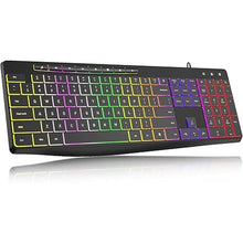 Load image into Gallery viewer, Computer Keyboard Wired,7-Color Rainbow LED Backlit, Quiet Light Up Keyboard with Multimedia Keys,Low Profile Chiclet Keys,Large Number Pad,Spill-Resistant, Anti-Wear Letters for Windows Mac PC Laptop