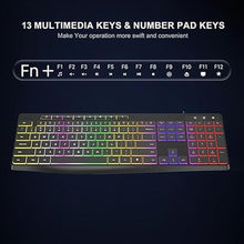Load image into Gallery viewer, Computer Keyboard Wired,7-Color Rainbow LED Backlit, Quiet Light Up Keyboard with Multimedia Keys,Low Profile Chiclet Keys,Large Number Pad,Spill-Resistant, Anti-Wear Letters for Windows Mac PC Laptop