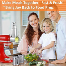 Load image into Gallery viewer, Large Stainless Steel Slicer Shredder Attachment for KitchenAid Mixers, Dishwasher Safe Salad Maker, Cheese Grater Accessories with 3 Blades & 1 Knob Thumb Screw