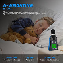 Load image into Gallery viewer, Handheld Decibel Meter, Digital Sound Level Meter 30-130dBA SPL Decibel Monitoring Tester Sound Meter Noise Decibel Reader with Max/Min Hold Data Sensor LCD Backlight Display for Home Factory
