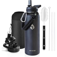 Load image into Gallery viewer, Insulated Water Bottle 40 oz, Triple Wall Vacuum Stainless Steel (Cold for 48 Hrs), Leak Proof & Non-BPA, Modern Water Flask Jug with Paracord Handle & Straw Spout Lids, Magic Black