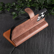 Load image into Gallery viewer, Snakehive Leather Wallet for iPhone 15 Pro - Real Leather Wallet Phone Case - Genuine Leather with Viewing Stand and 3 Card Holder - Flip Folio Cover with Card Slot (Brown)