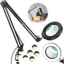 Load image into Gallery viewer, 10X Large Magnifying Glass with Light and Stand, KRSTLV 2 x 16 Inch Adjustable Swivel Arm LED Desk Lamp with Clamp, 5 Color Modes Stepless Dimmable, Lighted Magnifier Hands Free for Close Work, Hobby