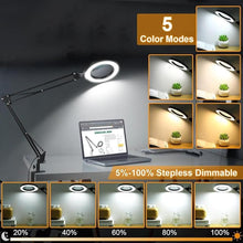Load image into Gallery viewer, 10X Large Magnifying Glass with Light and Stand, KRSTLV 2 x 16 Inch Adjustable Swivel Arm LED Desk Lamp with Clamp, 5 Color Modes Stepless Dimmable, Lighted Magnifier Hands Free for Close Work, Hobby