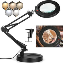 Load image into Gallery viewer, 10X Magnifying Glass with Light, Krstlv Upgrade Button 5 Color Modes Stepless Dimmable 2-in-1 LED Lighted Desk Lamp & Clamp, Hands Free Magnifier with Light and Stand for Craft Hobby Repair Close Work