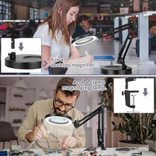 Load image into Gallery viewer, 10X Magnifying Glass with Light, Krstlv Upgrade Button 5 Color Modes Stepless Dimmable 2-in-1 LED Lighted Desk Lamp & Clamp, Hands Free Magnifier with Light and Stand for Craft Hobby Repair Close Work