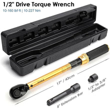 Load image into Gallery viewer, 1/2-Inch Drive Torque Wrench, 10-160 FT.LB (10-227 Nm), 72-Tooth Professional Click Torque Wrench Set with 3/8 Adapter & Extension Bar, Lug Nut Torque Wrench for Car Tire & Wheel