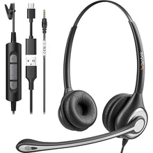 Load image into Gallery viewer, USB Headset with Microphone for PC, Computer Laptop Headset with Call Answer Button for MS Teams & IP Phones, Lightweight Design & Memory Foam Cushions for All-Day Comfort (Black)