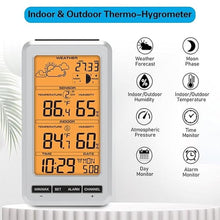 Load image into Gallery viewer, Weather Station Indoor Outdoor Thermometer Humidity Wireless Temperature Humidity Monitor, Weather Thermometer Forecast Station with Alarm Clock and Adjustable Backlight (Orange Backlight)