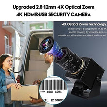 Load image into Gallery viewer, ELP 4K USB HDMI Camera Manual Zoom Webcam - Variable Focus H.264 Telescope USB Security Mini Close-up for Computer - 8mp IMX415 Industrial CCTV (2.8-12mm 4X Zoom Lens)