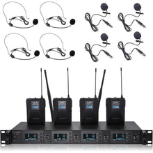 Load image into Gallery viewer, Wireless Microphone System 4 Channel UHF 4 Lavalier Lapel Headset Mics for Karaoke Church Speaking Conference Meeting Party, 4x25 Adjustable Frequency (4 Bodypack)