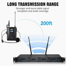 Load image into Gallery viewer, Wireless Microphone System 4 Channel UHF 4 Lavalier Lapel Headset Mics for Karaoke Church Speaking Conference Meeting Party, 4x25 Adjustable Frequency (4 Bodypack)