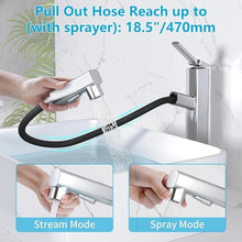 Load image into Gallery viewer, MIAOHUI Vessel Sink Faucet with Pull Out Sprayer, 3 Spray Mode Tall Bathroom Sink Faucet, High Bathroom Faucets for Sink 1 Hole, Single Handle Modern Vanity Faucet with Fountain Mode, Chrome