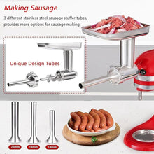 Load image into Gallery viewer, Food Grinder Attachment for KitchenAid Mixers,Stainless Steel Dishwasher Safe Meat Mincer Accessories Set Included 3 Sausage Stuffer Tubes