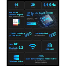 Load image into Gallery viewer, GEEKOM Mini PC Mini IT13 S, 13th Intel Core i9-13900HK (14C/20T, up to 5.4GHz), 32GB DDR4 RAM/1TB PCIe Gen4 SSD Mini Desktop, USB4.0/8K UHD/WiFi 6E/BT5.2/Windows 11 Pro, Home&Office Mini Computers