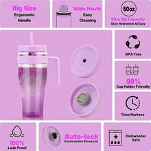 Load image into Gallery viewer, Hydraful 50 oz Tritan Plastic Tumbler with Lid and Straw and Handle - 100% Leak-Proof - Perfect for Iced Coffee, Smoothies, and Juice - Wide Mouth Reusable Water Bottle with Time Marker