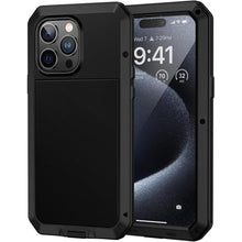 Load image into Gallery viewer, Lanhiem for iPhone 15 Pro Metal Case, Heavy Duty Shockproof Tough Rugged Case with Built-in Glass Screen Protector, 360 Full Body DustProof Protective Cover for iPhone 15 Pro 6.1", Black