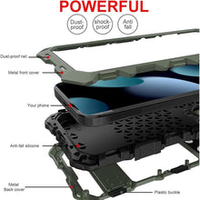 Load image into Gallery viewer, FW Compatible with iPhone 15 Pro Max Case Metal Silicone Armor 360 Full Body Heavy Duty Tough Rugged Military Grade case with Metal Stand Screen Protector Dustproof Shockproof Outdoor Case (Green)