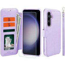 Load image into Gallery viewer, VANAVAGY Compatible for Galaxy S23 FE Wallet Case for Women and Men,RFID Flip Leather Cover with Wrist Supports Wireless Charging with Card Holder and Glass Screen Protector,Clove Purple