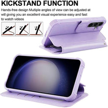 Load image into Gallery viewer, VANAVAGY Compatible for Galaxy S23 FE Wallet Case for Women and Men,RFID Flip Leather Cover with Wrist Supports Wireless Charging with Card Holder and Glass Screen Protector,Clove Purple