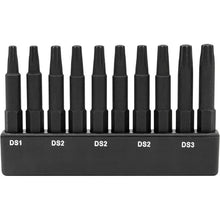 Load image into Gallery viewer, Double Square 8 Point Star Bit Set. Railer Premium S2 Steel 2 Inch 8 Spline Double Square Bit Set With A Storage Bit Holder (10pc Set)