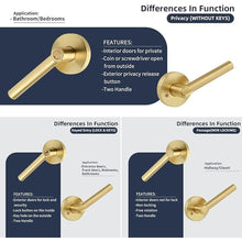 Load image into Gallery viewer, Brushed Gold No Keys Privacy Door Handle, Round Design Keyless Heavy Duty Gold Interior Door Lever with Satin Brass Finish, Reversible for Left/Right Handed for Bedroom and Bathroom Door