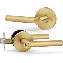 Load image into Gallery viewer, Brushed Gold Entry Door Handle with Lock and Keys, Round Design Heavy Duty Gold Interior Door Lever with Satin Brass Finish, Reversible for Left/Right Handed for Entrance and Front Door
