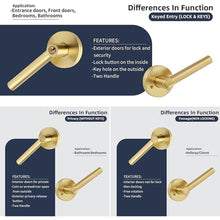 Load image into Gallery viewer, Brushed Gold Entry Door Handle with Lock and Keys, Round Design Heavy Duty Gold Interior Door Lever with Satin Brass Finish, Reversible for Left/Right Handed for Entrance and Front Door
