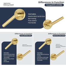 Load image into Gallery viewer, Brushed Gold No Lock Passage Door Handle, Round Design Non-Locking Heavy Duty Gold Interior Door Lever with Satin Brass Finish, Reversible for Left/Right Handed for Hallway and Closet Door