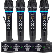 Load image into Gallery viewer, Rechargeable Wireless Microphone System 4 Channel Pro, UHF Metal Handheld Wireless Mics Cordless for Church Karaoke Singing with Echo Treble BASS VOL Channel Control(GT-200)