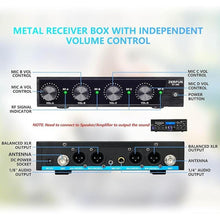 Load image into Gallery viewer, Rechargeable Wireless Microphone System 4 Channel Pro, UHF Metal Handheld Wireless Mics Cordless for Church Karaoke Singing with Echo Treble BASS VOL Channel Control(GT-200)