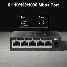 Load image into Gallery viewer, 5 Port Gigabit Unmanaged Ethernet Switch, AUMOX PRO Home Network Hub, Office Ethernet Splitter, Plug-and-Play, Silent Operation, Desktop or Wall Mount, Fanless Metal Design