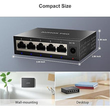 Load image into Gallery viewer, 5 Port Gigabit Unmanaged Ethernet Switch, AUMOX PRO Home Network Hub, Office Ethernet Splitter, Plug-and-Play, Silent Operation, Desktop or Wall Mount, Fanless Metal Design