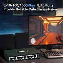 Load image into Gallery viewer, 8 Port Gigabit Unmanaged Ethernet Switch, AUMOX PRO Home Network Hub, Office Ethernet Splitter, Plug-and-Play, Silent Operation, Desktop or Wall Mount, Fanless Metal Design
