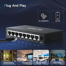 Load image into Gallery viewer, 8 Port Gigabit Unmanaged Ethernet Switch, AUMOX PRO Home Network Hub, Office Ethernet Splitter, Plug-and-Play, Silent Operation, Desktop or Wall Mount, Fanless Metal Design