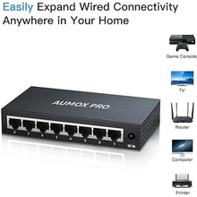 Load image into Gallery viewer, 8 Port Gigabit Unmanaged Ethernet Switch, AUMOX PRO Home Network Hub, Office Ethernet Splitter, Plug-and-Play, Silent Operation, Desktop or Wall Mount, Fanless Metal Design