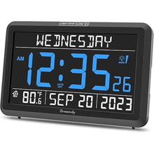 Load image into Gallery viewer, DreamSky Digital Clock with Date and Day of Week - Large Calendar Clock for Seniors Elderly, Loud Alarm Clock for Bedroom Desk, Backlight Dimmer, Adjustable Volume, USB Port, Auto DST, Battery Backup