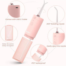 Load image into Gallery viewer, Water Flosser Dental Oral Irrigator Teeth Cleaner Portable Travel Rechargeable Cordless,IPX7 Electric Plaque Remover 3 Modes 3 Jet Tips 140ml (Pink)