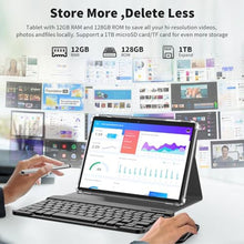 Load image into Gallery viewer, QDDQ Android Tablet with Keyboard, Android 14 Tablet, 12(6+6) GB+128GB, 1TB Expand, 2 in 1, Mouse, Stylus, 8000mAh Battery, 2.4G/5G WiFi, GPS, Silver Case